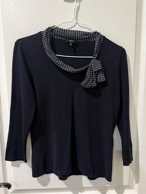 Talbots 3/4 Sleeve Black Silk Blend Knit Top with White Polka Dots and Bow Sz S